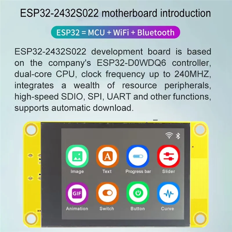 Exquisite-ESP32 LVGL WIFI&Bluetooth IOT Development Board 2.2Inch Smart Display Screen LCD TFT Module Without Touch
Exquisite-ESP32 LVGL WIFI&Bluetooth IOT Development Board 2.2Inch Smart Display Screen LCD TFT Module Without Touch