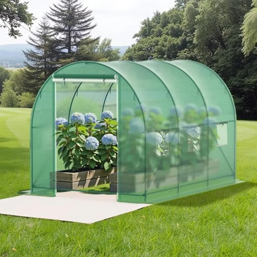 Outdoor walk-in greenhouse for winter plant protection: PE cover, heavy-duty frame, green color, 6-ventilated screen windows an
Outdoor walk-in greenhouse for winter plant protection: PE cover, heavy-duty frame, green color, 6-ventilated screen windows an