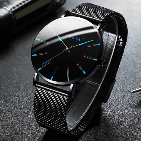 Minimalist Geneva Watch for Men Large Round Dial Mesh Strap Water Resistant Business Casual Quartz Wristwatch