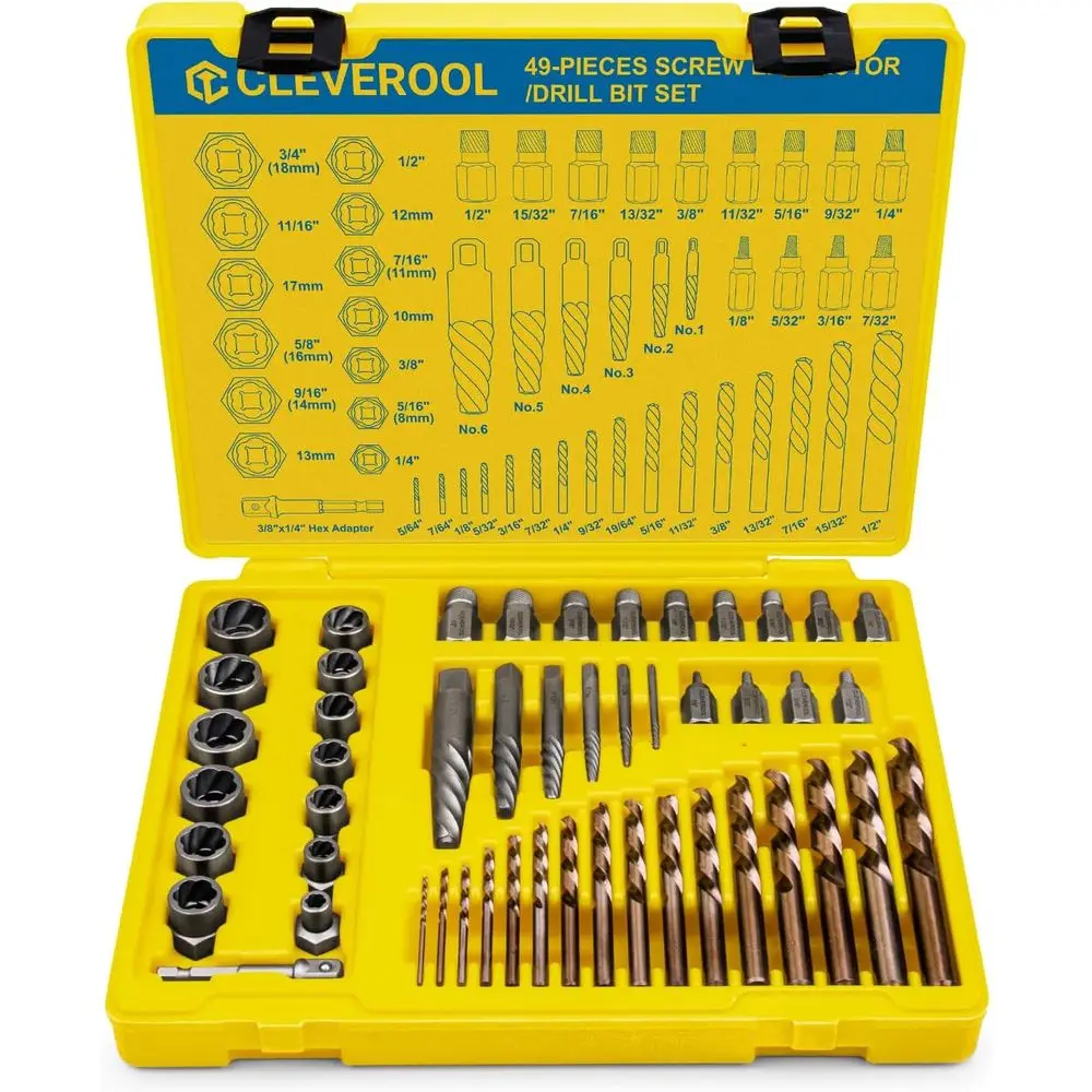 49-Piece Screw Extractor Kit with Left-Handed Drill Bit, Easy Removal Tools for Stripped Screws, Portable Storage Case
49-Piece Screw Extractor Kit with Left-Handed Drill Bit, Easy Removal Tools for Stripped Screws, Portable Storage Case