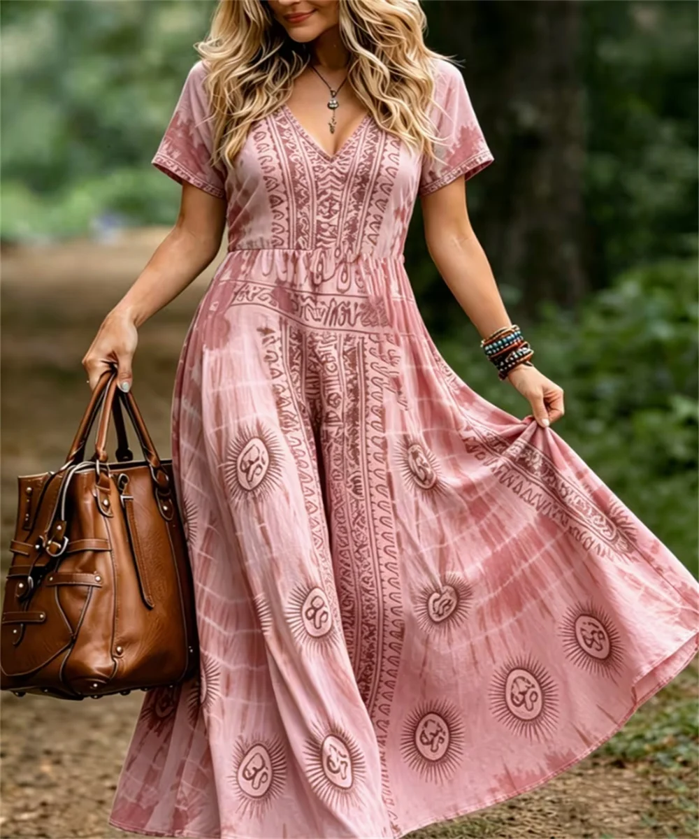 Ladies' summer new round mysterious totem and retro printed daily comfortable dress, elegant and casual V-neck dress
Ladies' summer new round mysterious totem and retro printed daily comfortable dress, elegant and casual V-neck dress
