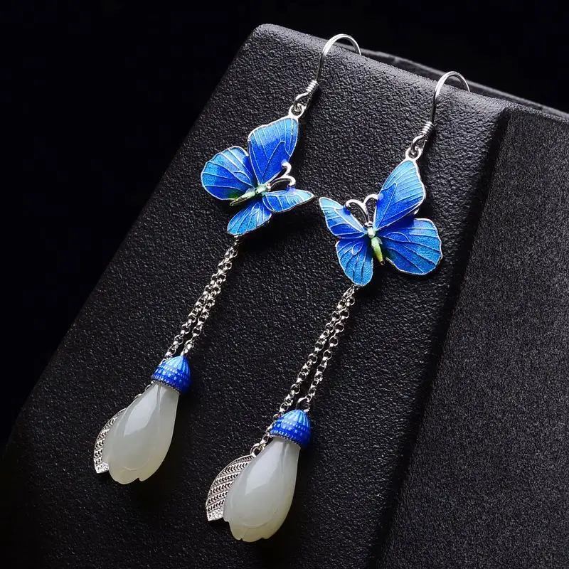 s925Silver Hetian Jade Magnolia Flower Earrings Long Anti-Allergy Cloisonné Elegant Vintage Style Women's Silver Earrings
s925Silver Hetian Jade Magnolia Flower Earrings Long Anti-Allergy Cloisonné Elegant Vintage Style Women's Silver Earrings