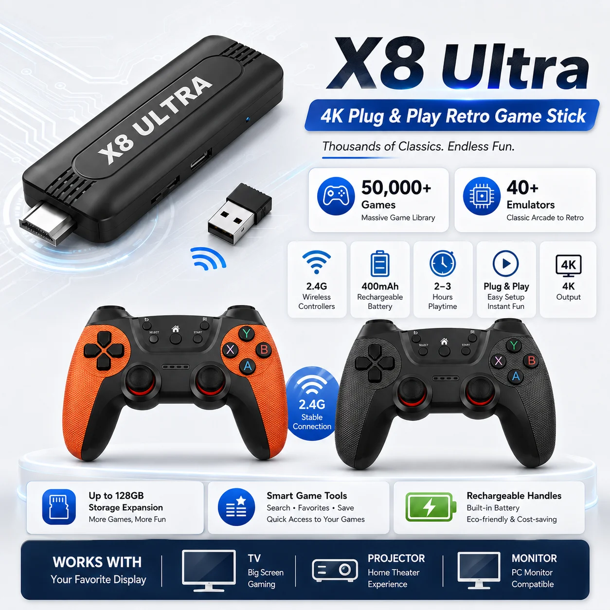 X8 ULTRA 4K HDMI TV Game Stick 64GB Storage 2.4G Dual Rechargeable Wireless Gamepads Multi Game Platform Preloaded Mass Offline
X8 ULTRA 4K HDMI TV Game Stick 64GB Storage 2.4G Dual Rechargeable Wireless Gamepads Multi Game Platform Preloaded Mass Offline