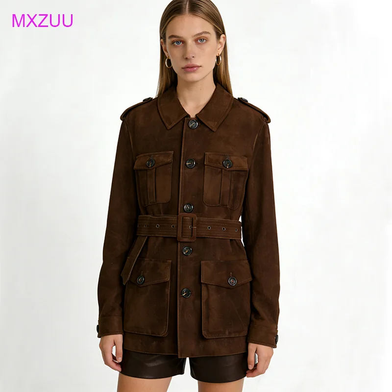 Brown Vintage Kid Suede Leather Jacket for Women Spring Autumn High End Sheepskin Tooling Pockets Belt Old Money Fashion Coat
Brown Vintage Kid Suede Leather Jacket for Women Spring Autumn High End Sheepskin Tooling Pockets Belt Old Money Fashion Coat