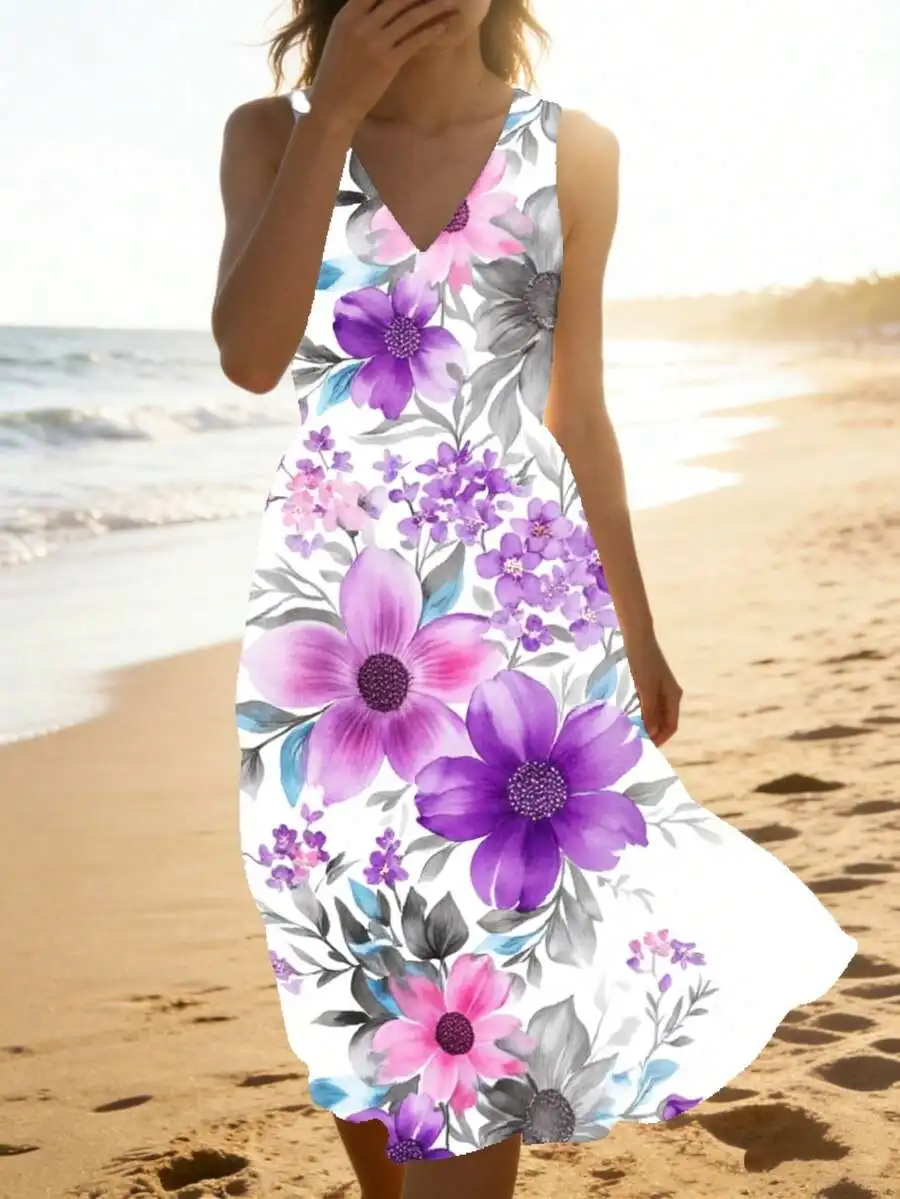 Floral Sleeveless V Neck Dress White Purple Pink Flowers Beach Summer Wear
Floral Sleeveless V Neck Dress White Purple Pink Flowers Beach Summer Wear