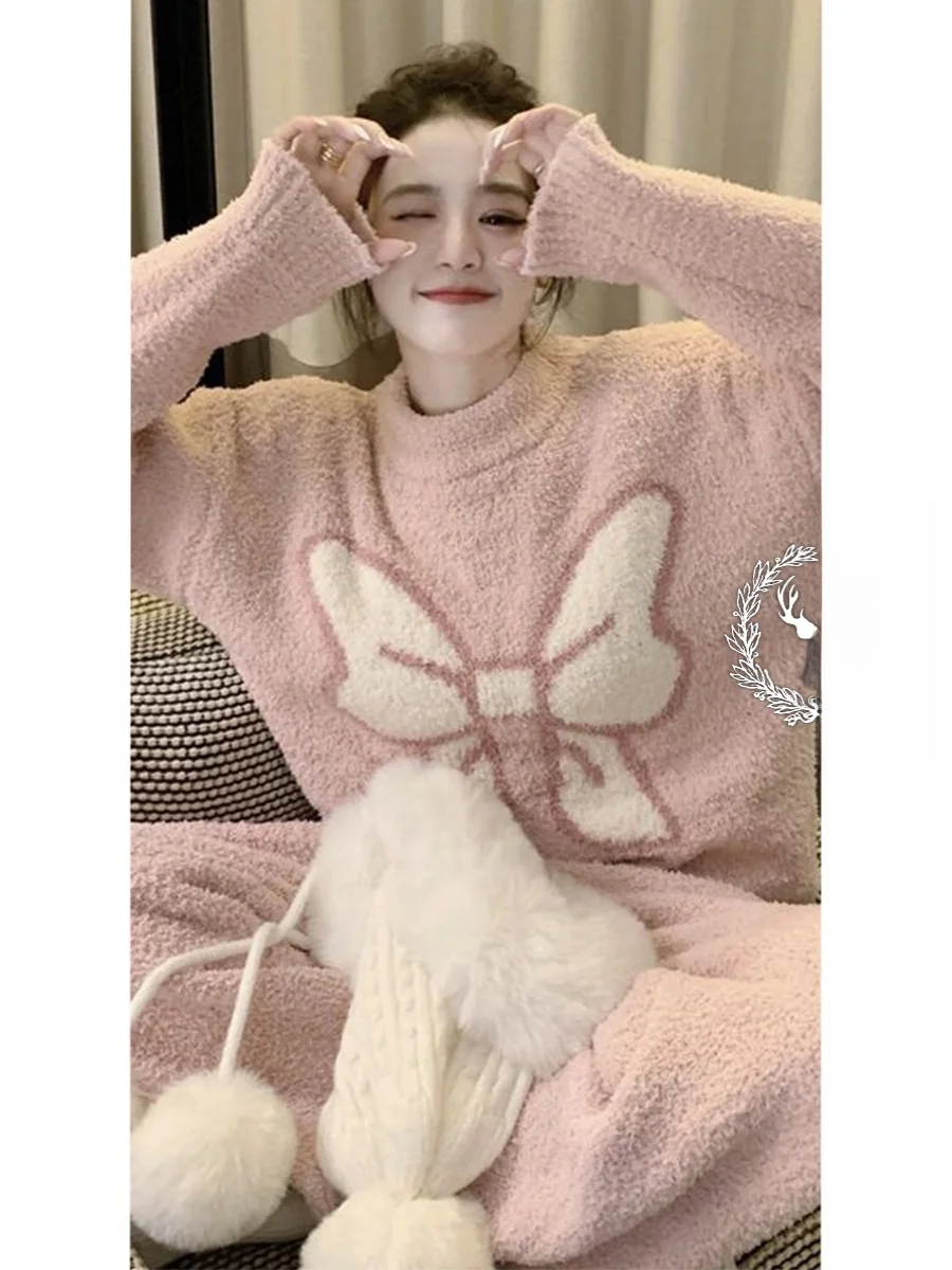 Pink Knot Fce Lined Thiened Large Size Plu Knitted Nightgown Women's Winter Home Clothes Set Sweet Cute Sle
Pink Knot Fce Lined Thiened Large Size Plu Knitted Nightgown Women's Winter Home Clothes Set Sweet Cute Sle