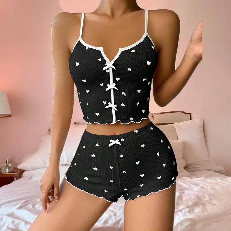 Sleepwear Women Pajamas Set Heart Print Soft Ribbed Fabric with Flirty Frill Trim Casual Cami Top and Shorts Sets Loungewear
Sleepwear Women Pajamas Set Heart Print Soft Ribbed Fabric with Flirty Frill Trim Casual Cami Top and Shorts Sets Loungewear