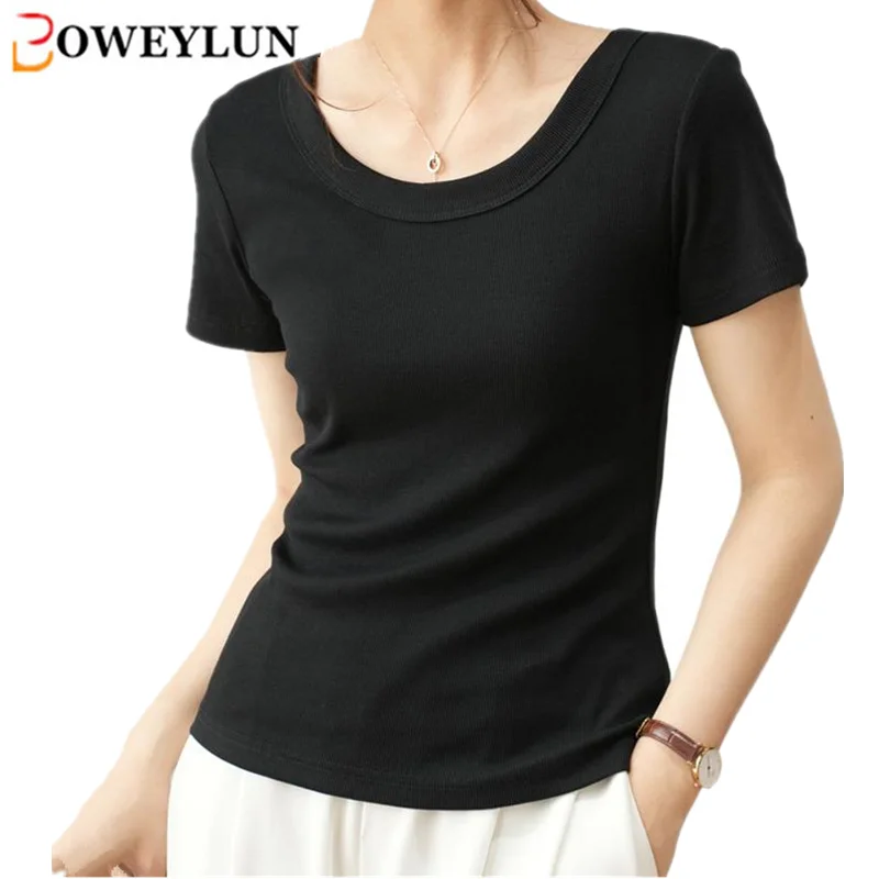 BOWEYLUN Threaded Cotton Casual Short Sleeve T-Shirt Women Summer Solid Color Silm Short Sleeve Tops Female
BOWEYLUN Threaded Cotton Casual Short Sleeve T-Shirt Women Summer Solid Color Silm Short Sleeve Tops Female