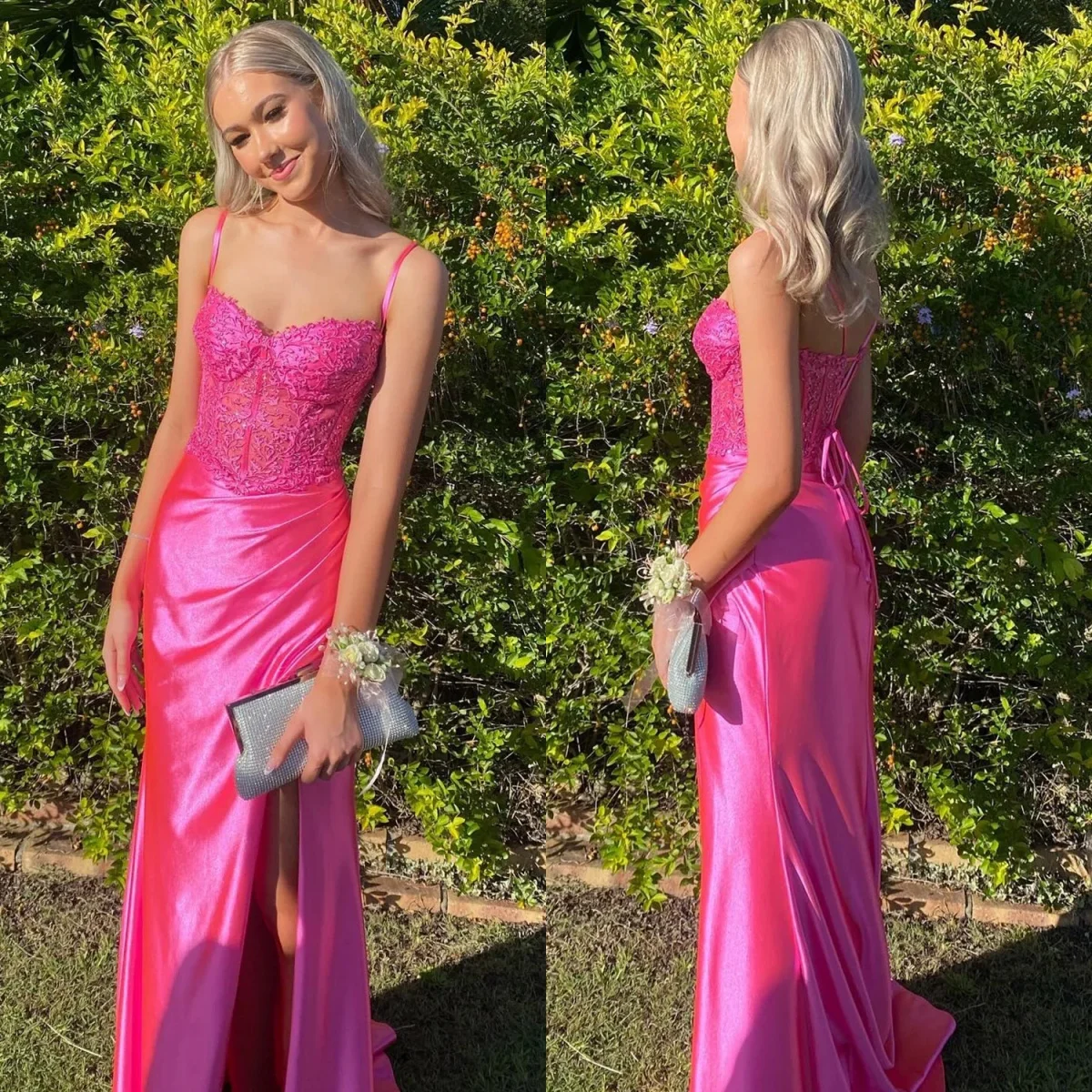 Charming Fuchsia Evening Dresses Lace Satin Mermaid Prom Gowns Sexy Sleeveless Floor Length Customized Wedding Guest Gowns
Charming Fuchsia Evening Dresses Lace Satin Mermaid Prom Gowns Sexy Sleeveless Floor Length Customized Wedding Guest Gowns
