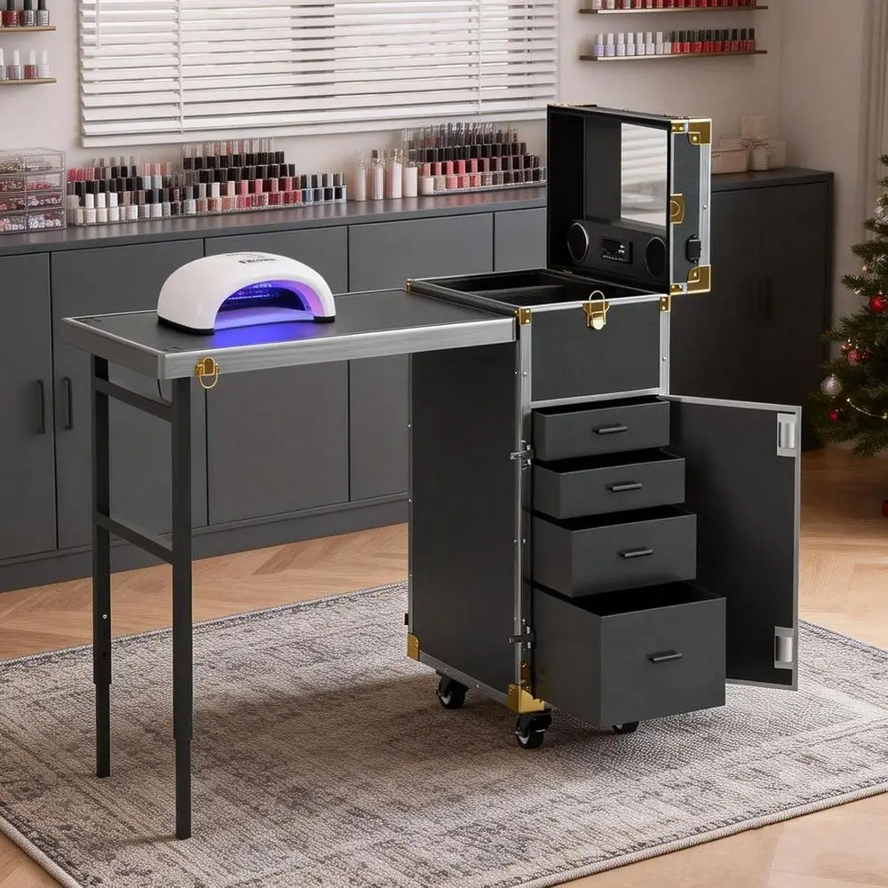 Portable Rolling Manicure Table with Storage, Travel-Friendly Nail Desk, Audio & Mirror Included, Black Makeup Train Case Trolle
Portable Rolling Manicure Table with Storage, Travel-Friendly Nail Desk, Audio & Mirror Included, Black Makeup Train Case Trolle