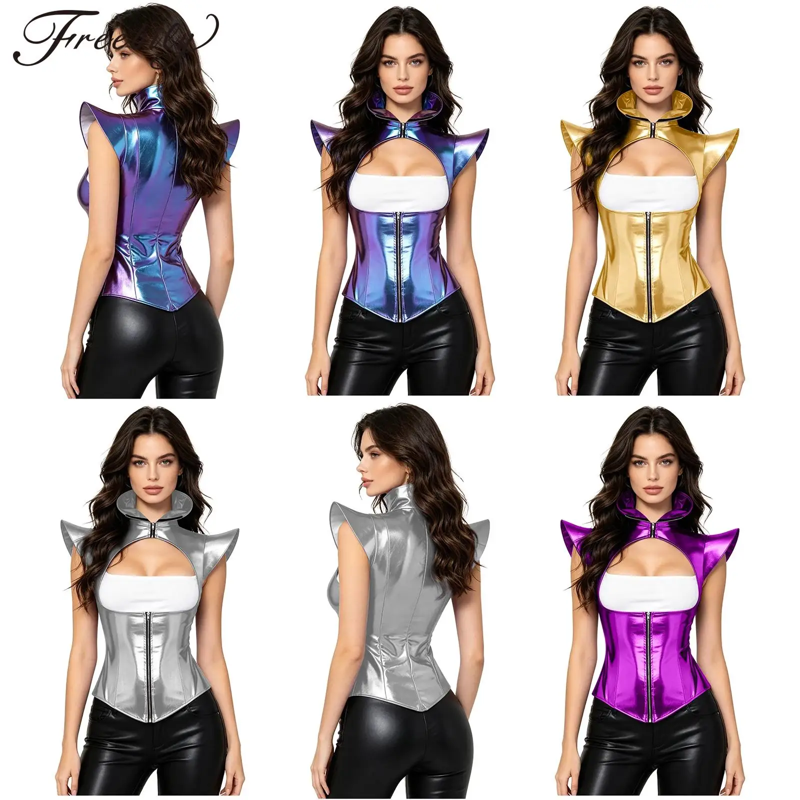 Women Shiny Metallic Armor Corset Top Halloween Cosplay Show Costumes Fly Sleeve Front Cutout Zip-up Bustier Crop Top
Women Shiny Metallic Armor Corset Top Halloween Cosplay Show Costumes Fly Sleeve Front Cutout Zip-up Bustier Crop Top