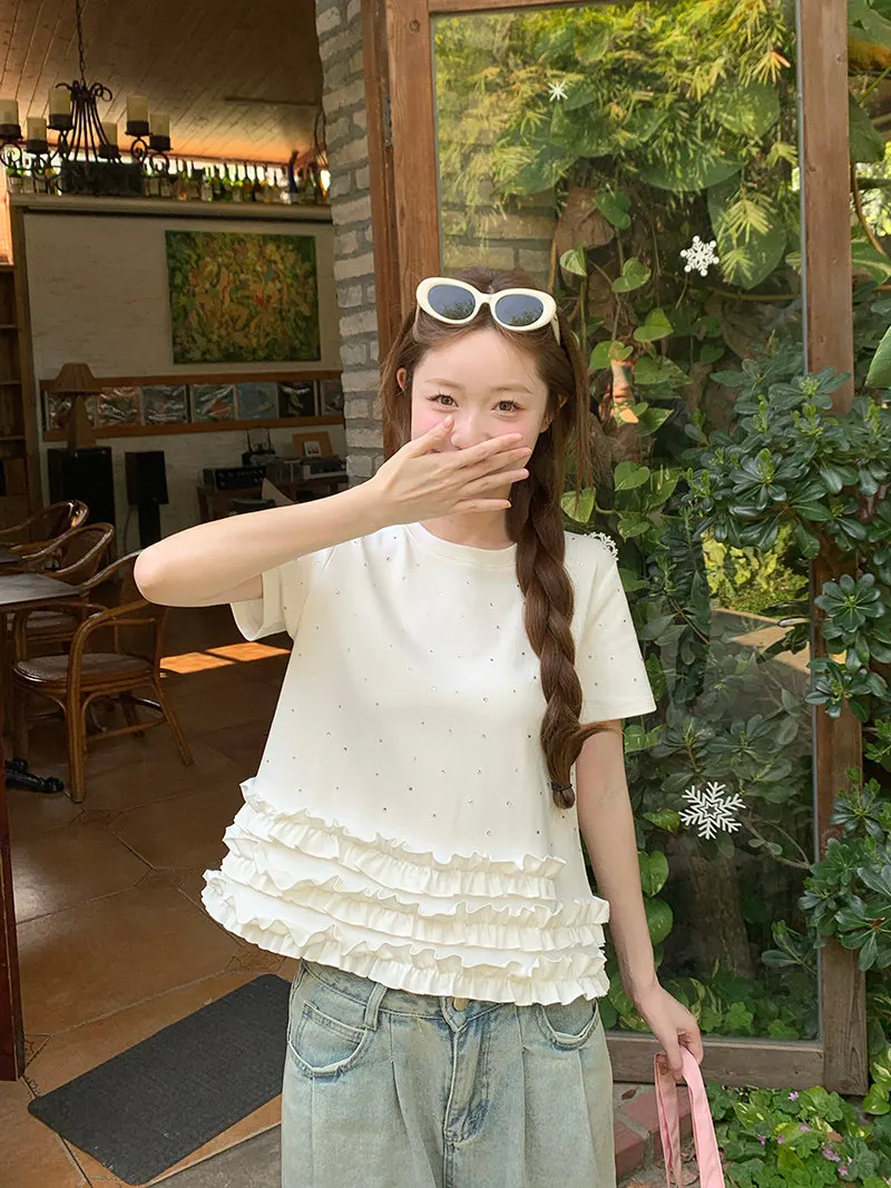 Sweet Tulle Short Sleeve Women's T-shirt Summer Casual Loose round Neck Top Rhinestone Embellished Korean Style
Sweet Tulle Short Sleeve Women's T-shirt Summer Casual Loose round Neck Top Rhinestone Embellished Korean Style