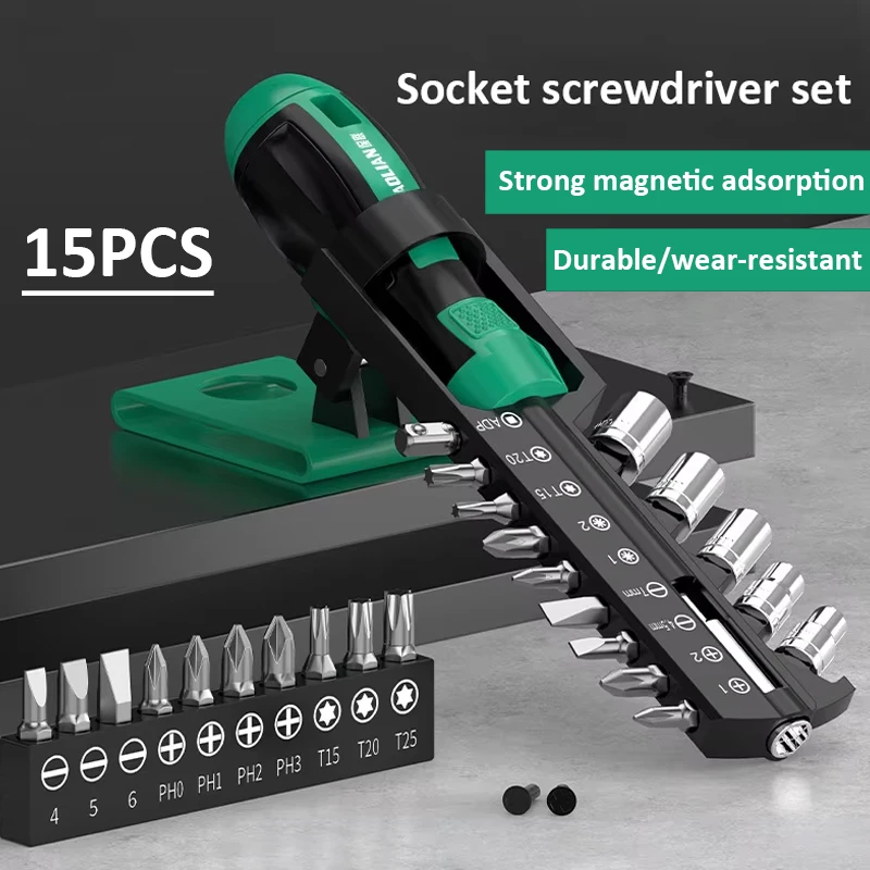 15PC Screwdriver Bit Set CR-V Magnetic Screwdriver Set with Hand-Screwdriver Bracket Style Base Drills & Sockets Car Repair Tool 
15PC Screwdriver Bit Set CR-V Magnetic Screwdriver Set with Hand-Screwdriver Bracket Style Base Drills & Sockets Car Repair Tool