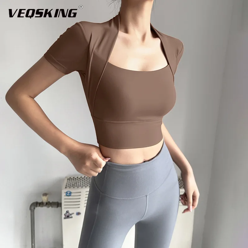 VEQSKING Shawls Collar Women Yoga Bras, Short Sleeves Sports Crop Top, Quick Drying Gym Fitness Vest, Padded Workout Running Top
VEQSKING Shawls Collar Women Yoga Bras, Short Sleeves Sports Crop Top, Quick Drying Gym Fitness Vest, Padded Workout Running Top