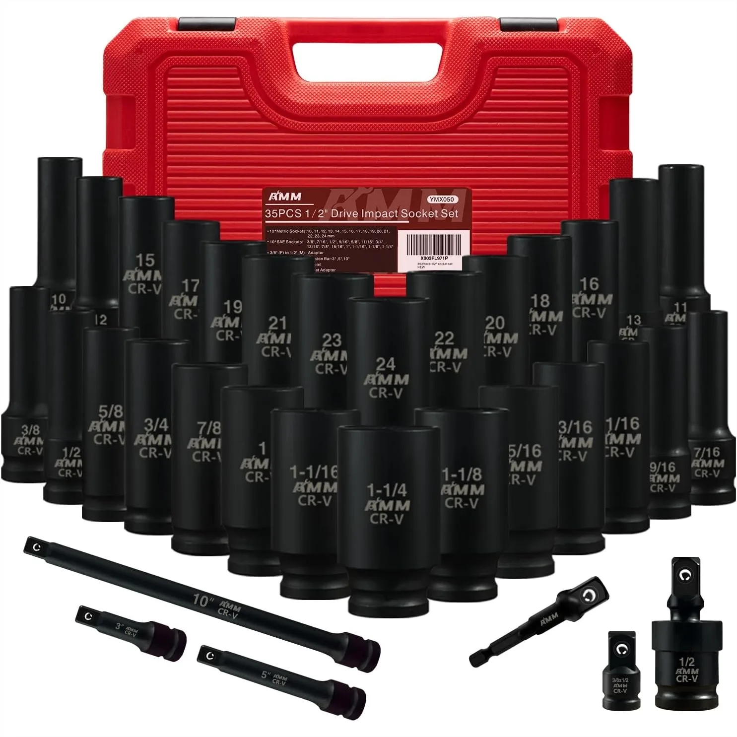 1/2" Drive Deep Impact Socket Set, 35-Piece SAE & Metric, Cr-V Steel, Includes Extension Bars & Universal Joint
1/2" Drive Deep Impact Socket Set, 35-Piece SAE & Metric, Cr-V Steel, Includes Extension Bars & Universal Joint