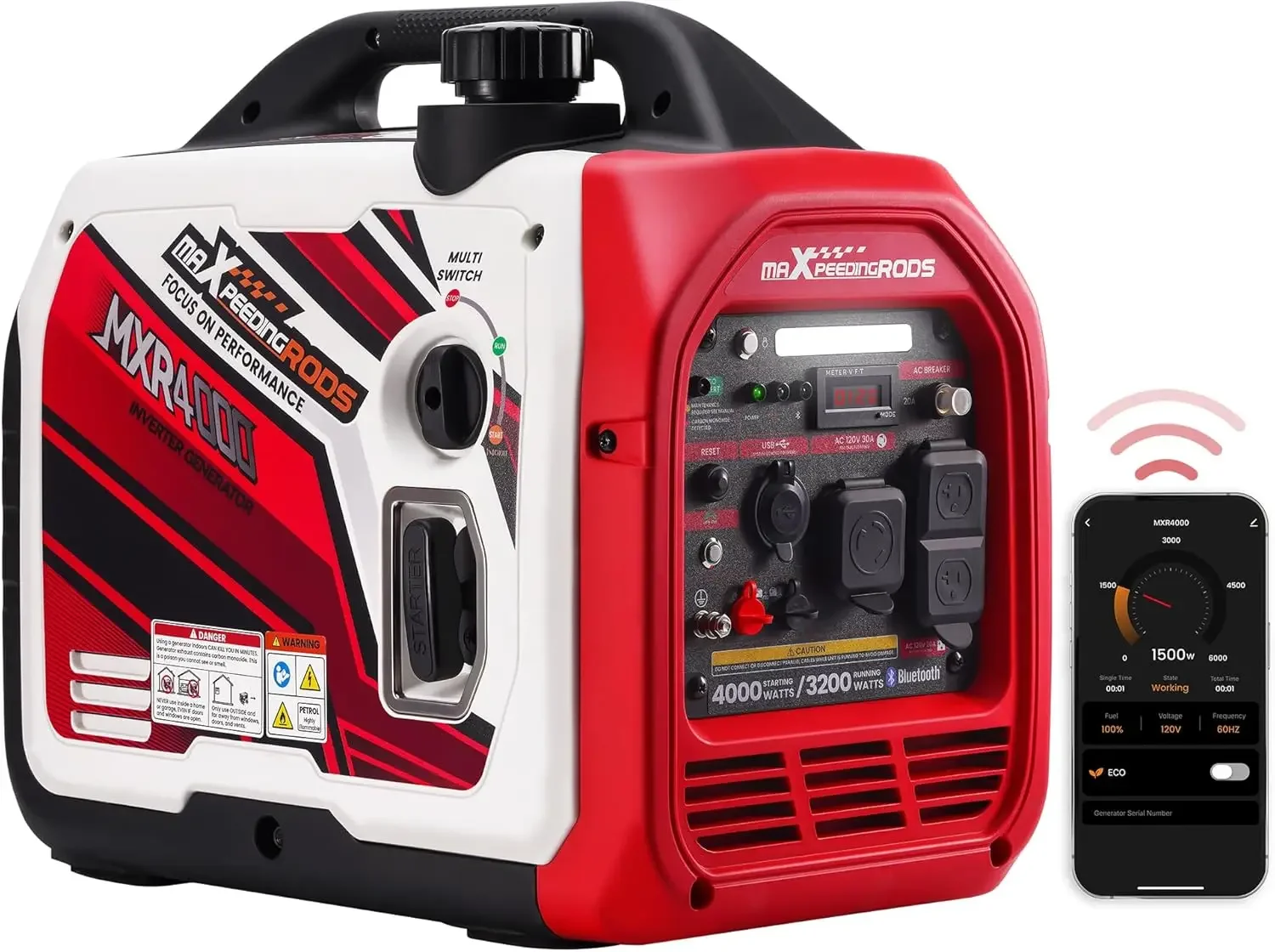 4000 Watt Inverter Generator Portable Bluetooth® App Remote Data Monitor RV Ready Gas Powered Generator with CO Alarm
4000 Watt Inverter Generator Portable Bluetooth® App Remote Data Monitor RV Ready Gas Powered Generator with CO Alarm