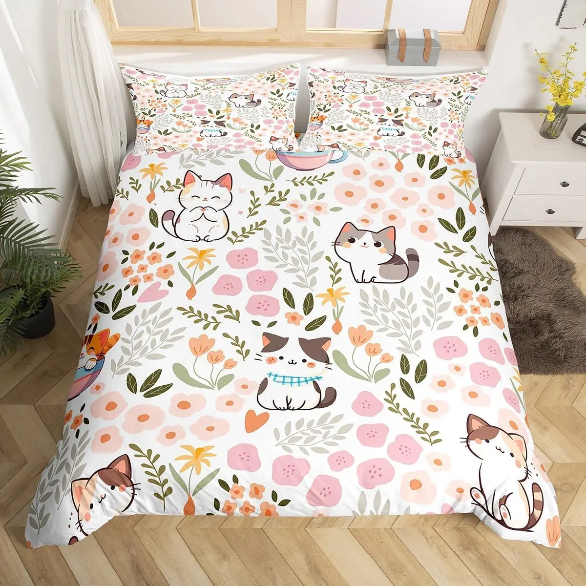 Комплект постельного белья Kawaii Cat для девочек, полная королева, милый пододеяльник с котенком, мультяшный пододеяльник, разноцветные цветы, растение, покрывало
Комплект постельного белья Kawaii Cat для девочек, полная королева, милый пододеяльник с котенком, мультяшный пододеяльник, разноцветные цветы, растение, покрывало