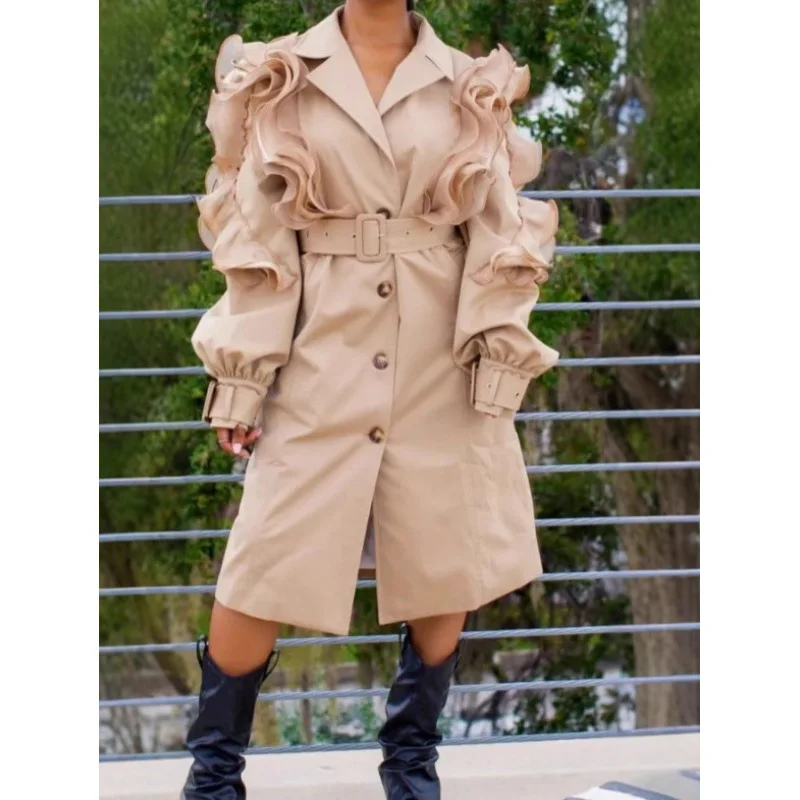 Fashion Elegant Mesh Ruffled Patchwork Lantern Sleeve Slim-Fit Trench Coat Lapel Hight Waist Office Lady Mid-length Coats
Fashion Elegant Mesh Ruffled Patchwork Lantern Sleeve Slim-Fit Trench Coat Lapel Hight Waist Office Lady Mid-length Coats