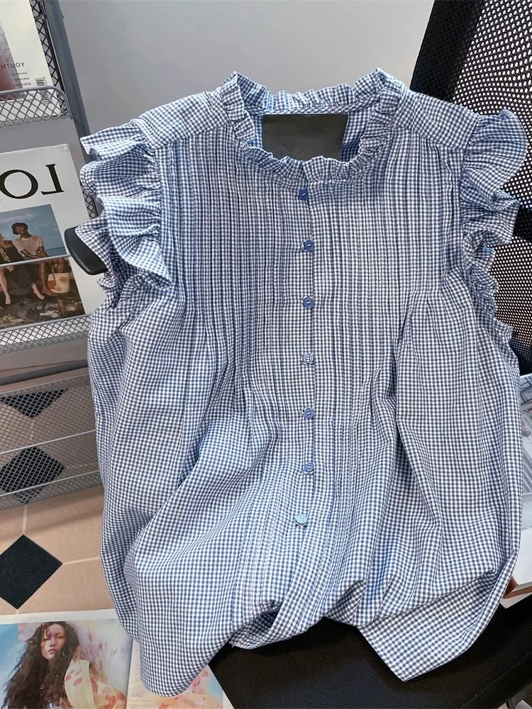 Women's plus Size Shirt Korean Style Fly Sleeve Pressed Pleat Blue Plaid Casual Top Vintage Label Removed Comfortable Fit
Women's plus Size Shirt Korean Style Fly Sleeve Pressed Pleat Blue Plaid Casual Top Vintage Label Removed Comfortable Fit