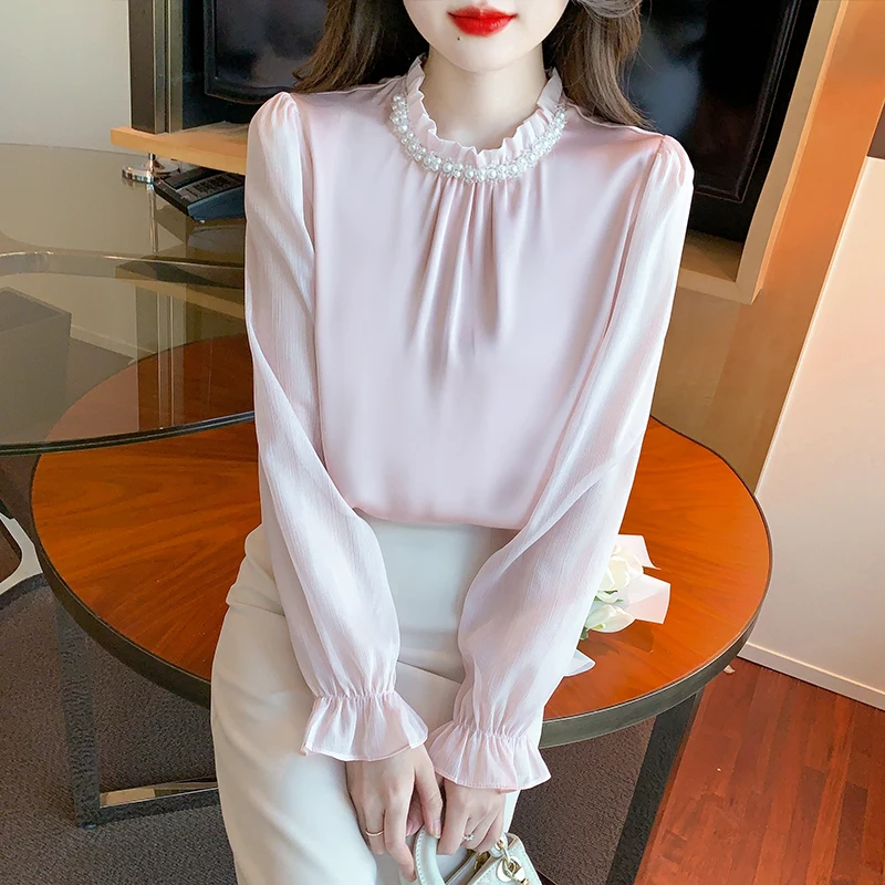 Spring Autumn Women Chiffon Shirts Office Lady Long Sleeve Blouses Chic Beading Solid Female Casual Tops Blusas Mujer 2025
Spring Autumn Women Chiffon Shirts Office Lady Long Sleeve Blouses Chic Beading Solid Female Casual Tops Blusas Mujer 2025