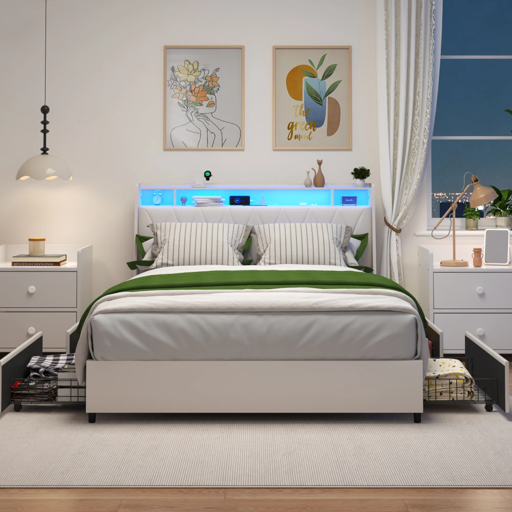Queen Bed Frame: Ergonomic Headboard, Outlets, Charger, LED Light, Storage Shelf - Noise-Free, No Box Spring
Queen Bed Frame: Ergonomic Headboard, Outlets, Charger, LED Light, Storage Shelf - Noise-Free, No Box Spring