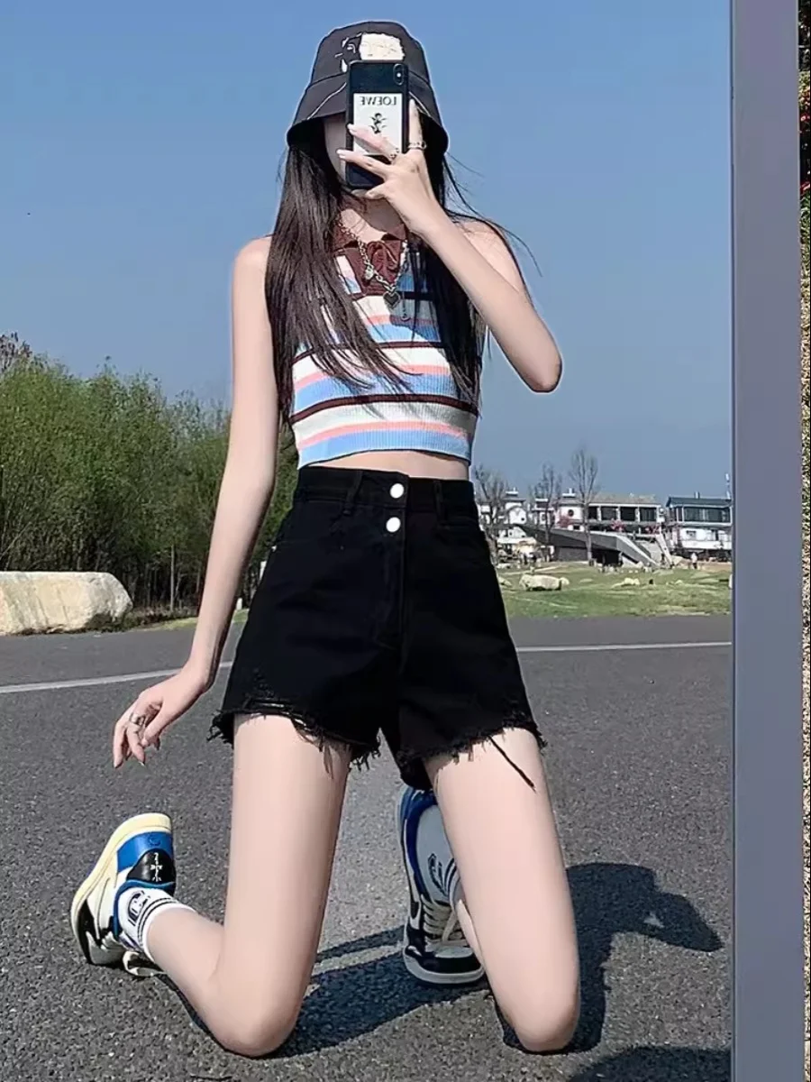 High Waist Black Denim Shorts Women's Summer New Style plus Size Slimming Frayed Design A-Line Wide Leg Hot Pants
High Waist Black Denim Shorts Women's Summer New Style plus Size Slimming Frayed Design A-Line Wide Leg Hot Pants