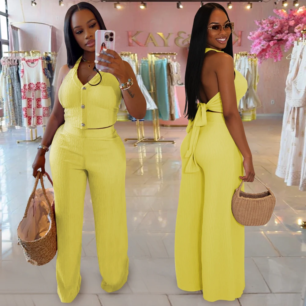 Fashion Ribbed Women's Set Backless Halter Neck Crop Top and Wide Leg Pants Suit 2025 Summer Street Wear Casual 2 Two Piece Sets
Fashion Ribbed Women's Set Backless Halter Neck Crop Top and Wide Leg Pants Suit 2025 Summer Street Wear Casual 2 Two Piece Sets
