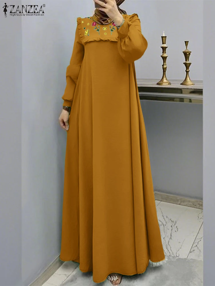 ZANZEA Woman Elegant Abaya Robe Ruffle Trim Hijab O-Neck Muslim Modest Style Vestidos Floral Embroidery Long Sleeve Maxi Dresses
ZANZEA Woman Elegant Abaya Robe Ruffle Trim Hijab O-Neck Muslim Modest Style Vestidos Floral Embroidery Long Sleeve Maxi Dresses