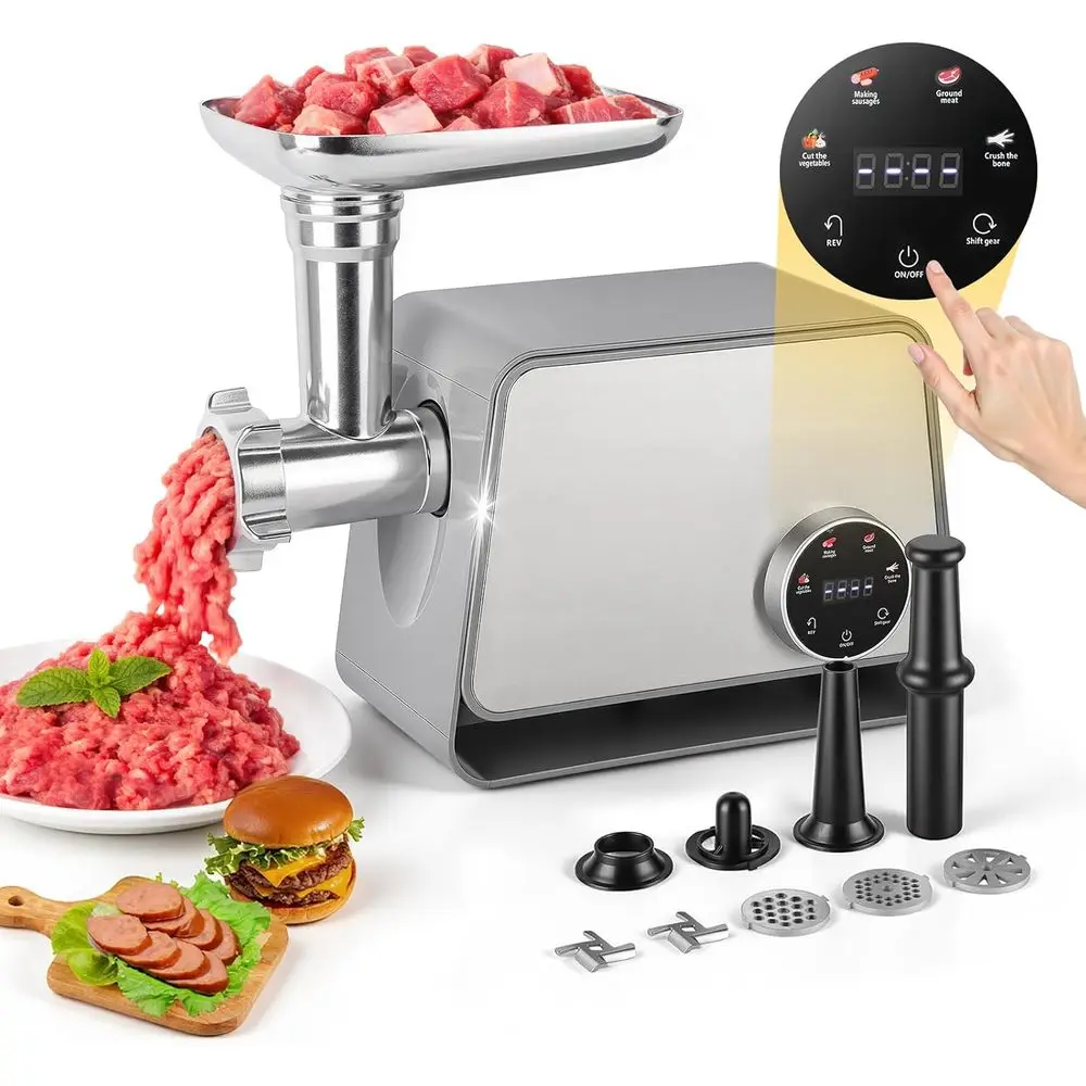Electric Meat Grinder, 1200W Max 3-in-1 with Touch Color Sn & Auto-Reverse – Heavy Duty StainlSteel or Home & Restaurant, Grind
Electric Meat Grinder, 1200W Max 3-in-1 with Touch Color Sn & Auto-Reverse – Heavy Duty StainlSteel or Home & Restaurant, Grind