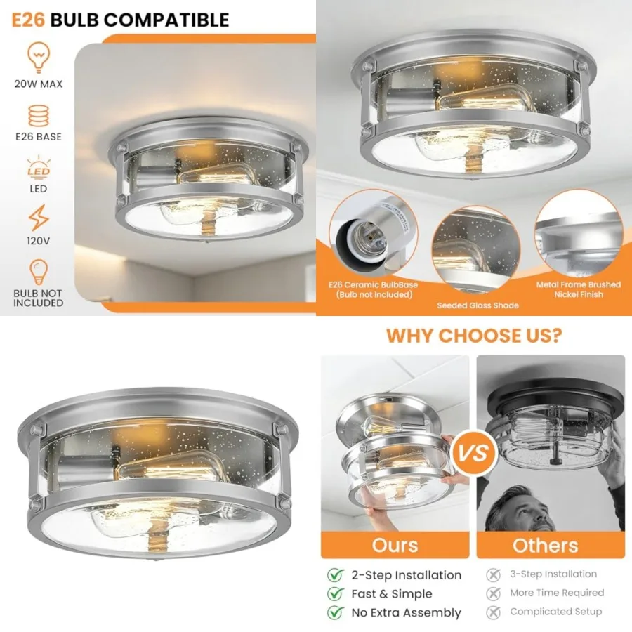 Flush Mount Ceiling Light, 2-Light Metal Cage Ceiling Light Fixture, Brushed Nickel Flush Mount Light with Seeded Glass Shade f
Flush Mount Ceiling Light, 2-Light Metal Cage Ceiling Light Fixture, Brushed Nickel Flush Mount Light with Seeded Glass Shade f