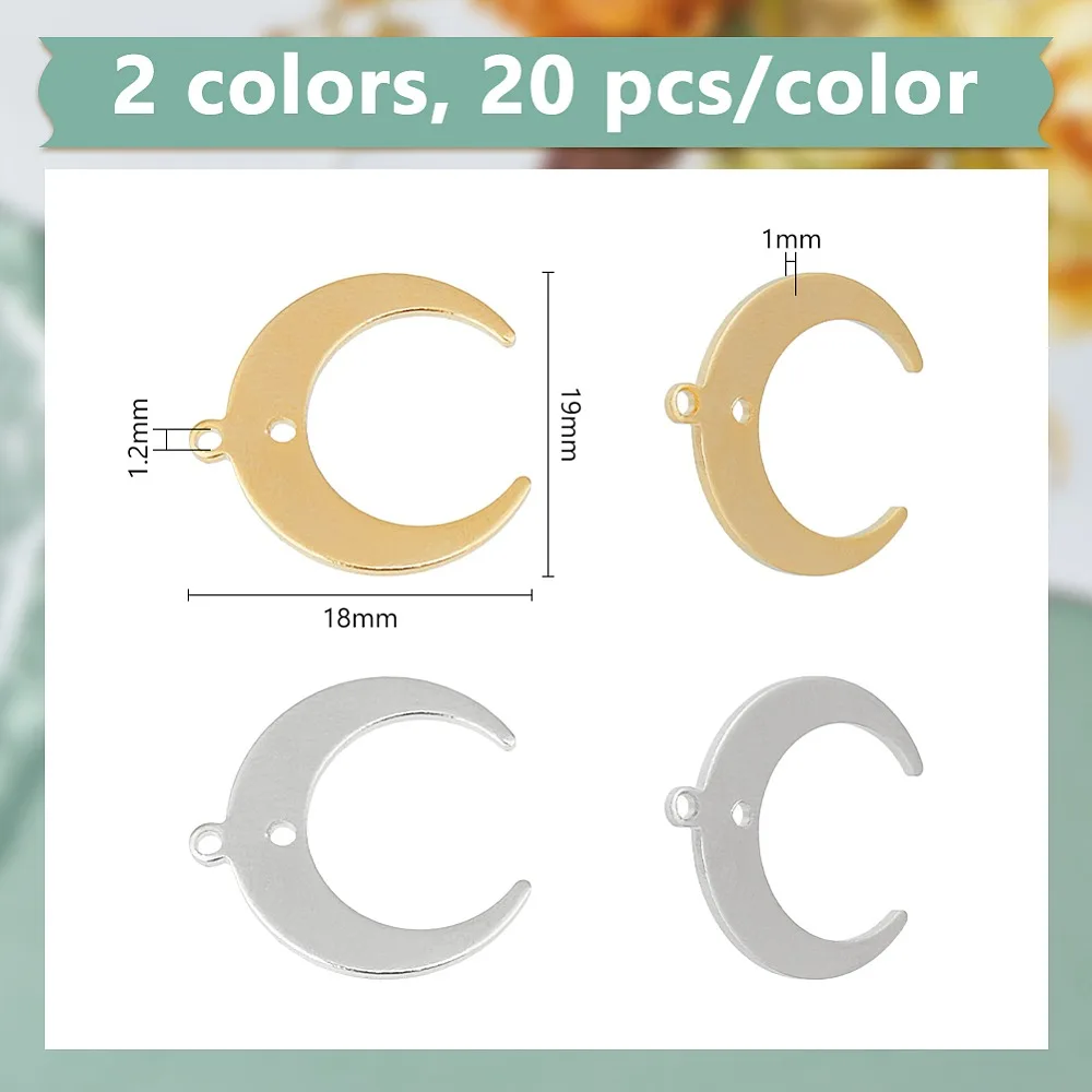 40Pcs 2 Colors Brass Pendants Moon Charms Golden Silver 19x18x1mm Hole: 1.2mm 20pcs/colors
40Pcs 2 Colors Brass Pendants Moon Charms Golden Silver 19x18x1mm Hole: 1.2mm 20pcs/colors