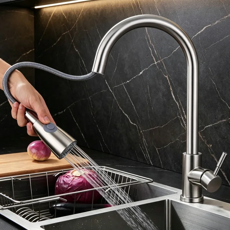 304 Stainless Steel Pull-out Kitchen Faucet, Kitchen Sink Hot and Cold Water Mixer, 360° Rotatable Spout
304 Stainless Steel Pull-out Kitchen Faucet, Kitchen Sink Hot and Cold Water Mixer, 360° Rotatable Spout
