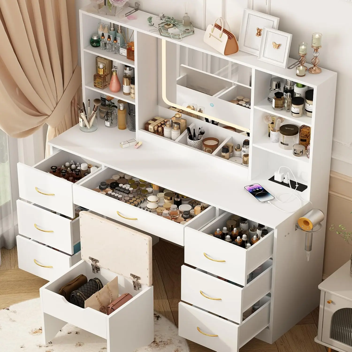 LED White Vanity Set with Stool and Power Outlet, Lighted Make up Vanity Desk with Drawers and 3 Lighting Modes for Women
LED White Vanity Set with Stool and Power Outlet, Lighted Make up Vanity Desk with Drawers and 3 Lighting Modes for Women