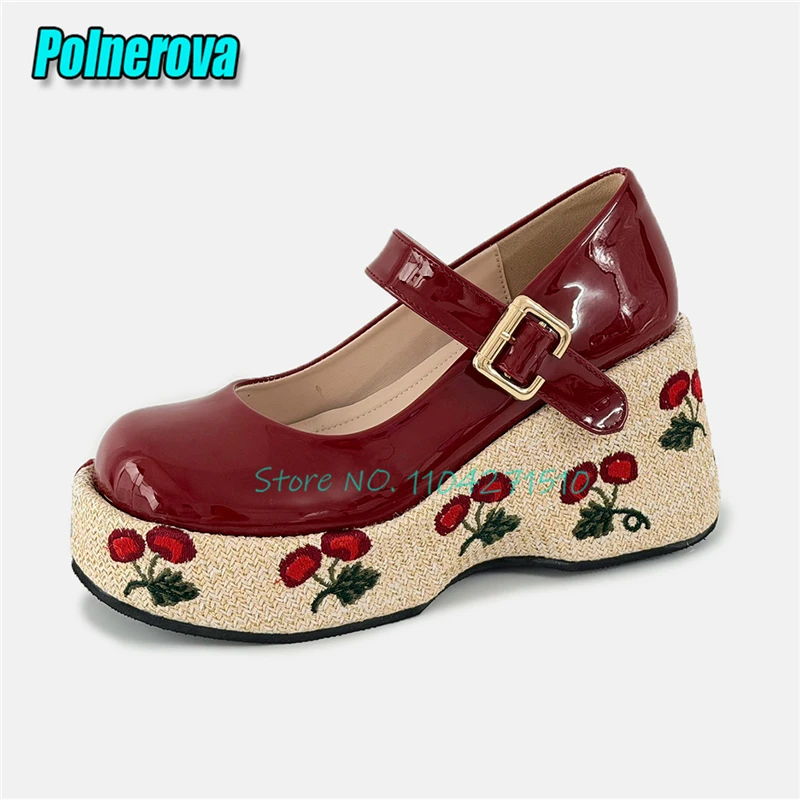 Cherry Embroidered Thick Soled Mary Jane Shoes Red Patent Leather Round Toe Buckle Platform Pumps Fashion Party Women Shoes
Cherry Embroidered Thick Soled Mary Jane Shoes Red Patent Leather Round Toe Buckle Platform Pumps Fashion Party Women Shoes