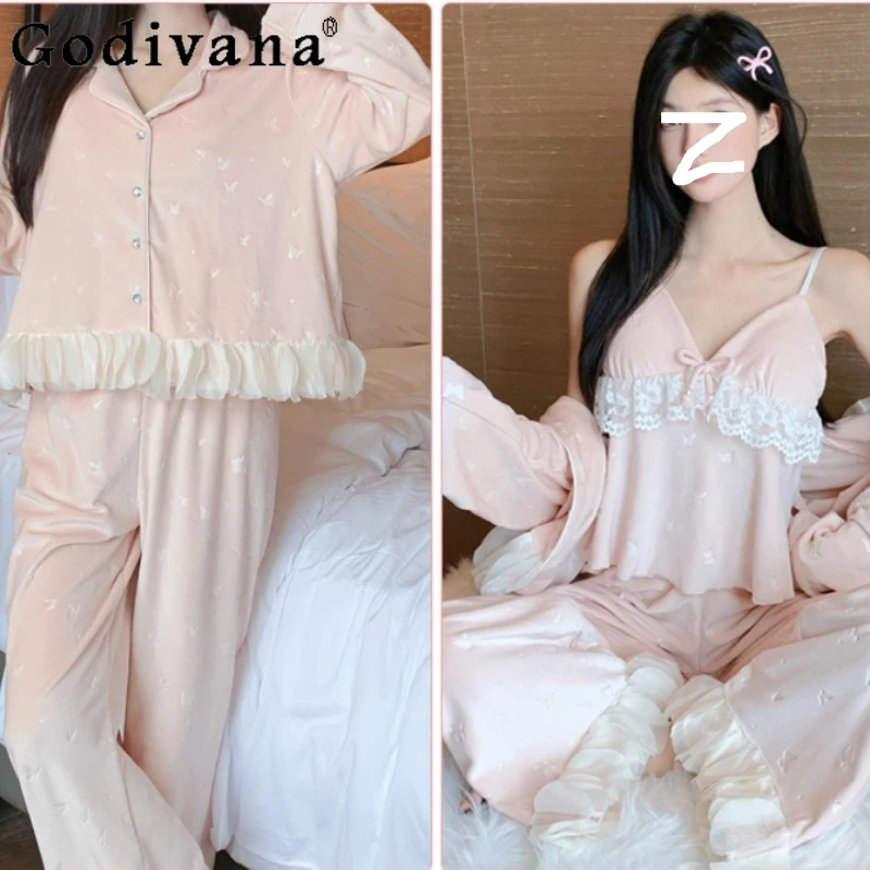 Winter Autumn Long Sleeve Sweet Butterfly with Chest Pad Suspender Pajamas Women French Pants Lolita Homewear Three-piece Set
Winter Autumn Long Sleeve Sweet Butterfly with Chest Pad Suspender Pajamas Women French Pants Lolita Homewear Three-piece Set