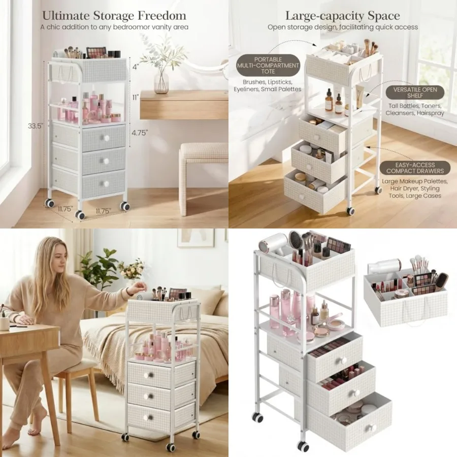 2-in-1 Makeup Organizer Cart with Removable Travel Cosmetic Bag, 5 Tier Rolling Makeup Cart on Wheels with Drawers, Floor Cosme
2-in-1 Makeup Organizer Cart with Removable Travel Cosmetic Bag, 5 Tier Rolling Makeup Cart on Wheels with Drawers, Floor Cosme