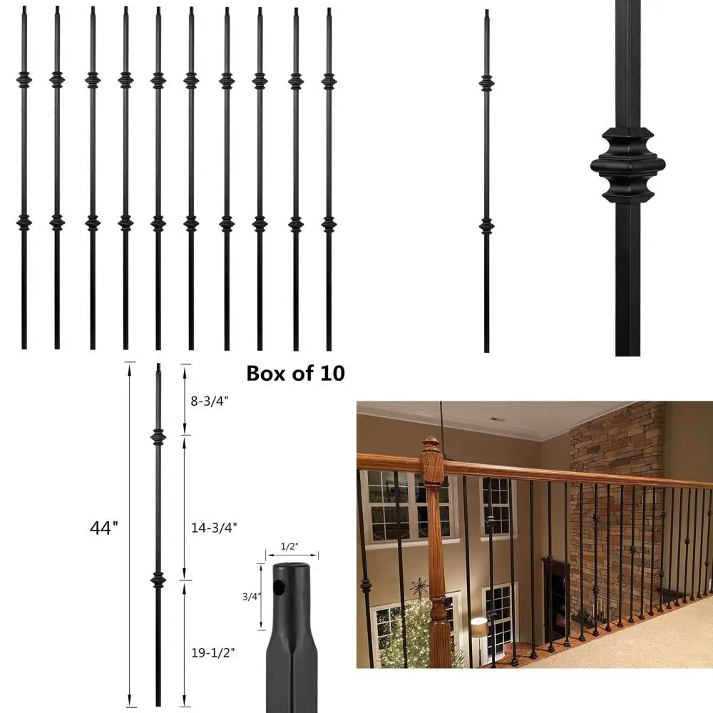 10-Pack Hollow Double Knuckle Iron Balusters for Decks and Spiral Stair Railing - Satin Black Metal Spindles
10-Pack Hollow Double Knuckle Iron Balusters for Decks and Spiral Stair Railing - Satin Black Metal Spindles