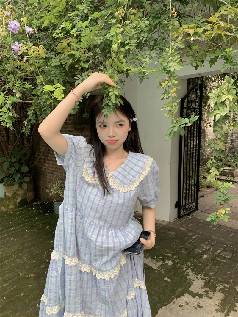 plus Size Women's Sweet Doll Collar ort Sve Dr Blue Plaid Lace Splicing Long Skirt Korean Sle Bubble Sve Midi Dr
plus Size Women's Sweet Doll Collar ort Sve Dr Blue Plaid Lace Splicing Long Skirt Korean Sle Bubble Sve Midi Dr