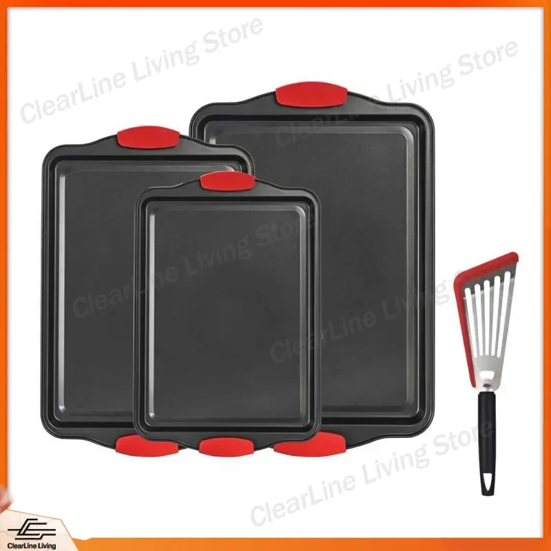 Black Carbon Steel Baking Pan Set with Red Silicone Handle 3 Piece Cake Baking Tray Nonstick Oven Bakeware for Home Kitchen
Black Carbon Steel Baking Pan Set with Red Silicone Handle 3 Piece Cake Baking Tray Nonstick Oven Bakeware for Home Kitchen