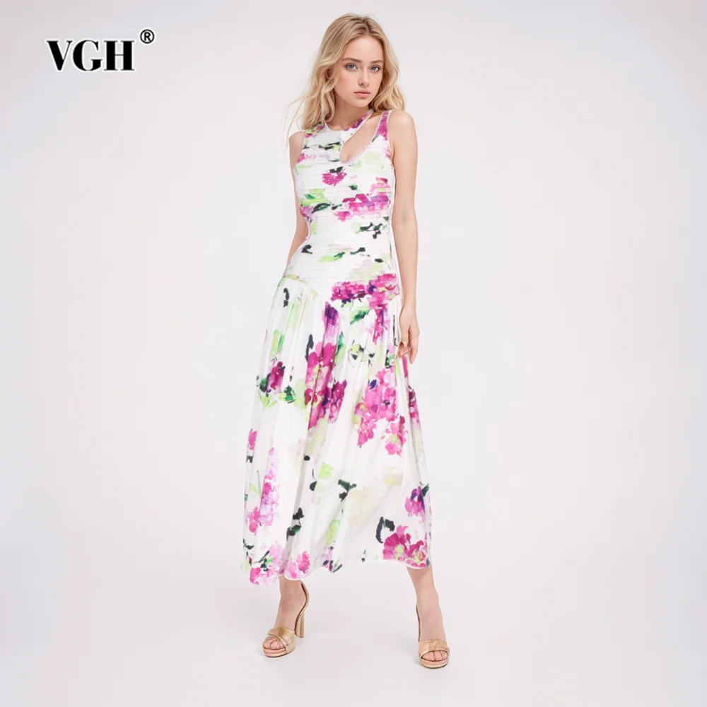 VGH Hit Color Printing Patchwork Folds Dresses For Women Round Neck Sleeveless High Waist Hollow Out Elegant Dress Female New
VGH Hit Color Printing Patchwork Folds Dresses For Women Round Neck Sleeveless High Waist Hollow Out Elegant Dress Female New