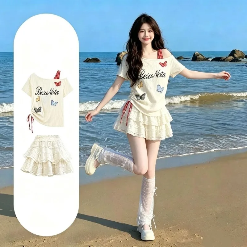 Women's Korean Chic Butterfly Letter Skew Collar T-Shirts Ball Gown 1 or Two Piece Set Lady Summer Sweet Tops Mini Skirts Suits
Women's Korean Chic Butterfly Letter Skew Collar T-Shirts Ball Gown 1 or Two Piece Set Lady Summer Sweet Tops Mini Skirts Suits