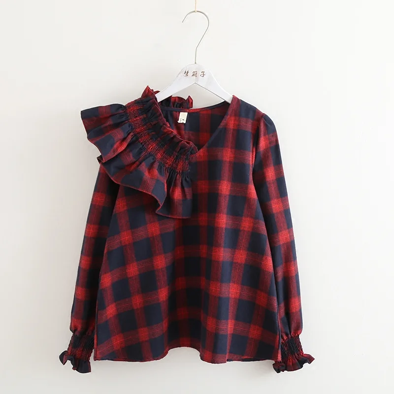 Retro Plaid Shirt French Style Ruffle Collar Bubble Sleeves Cotton Top Women's Spring Autumn Versatile Loose Pullover Blouse
Retro Plaid Shirt French Style Ruffle Collar Bubble Sleeves Cotton Top Women's Spring Autumn Versatile Loose Pullover Blouse