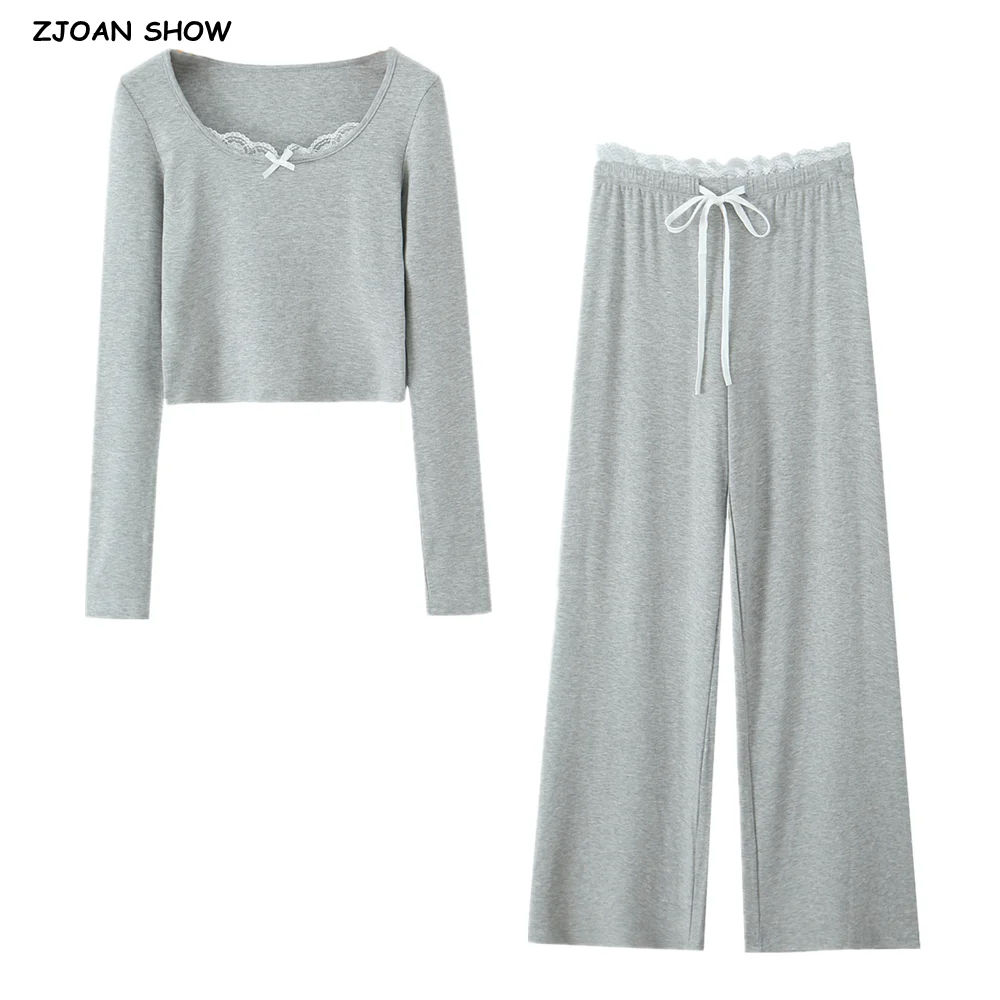 2 pieces 1 Set 2025 Gray Spliced Lace Bow O neck Rib Knitted Cotton Pullover Tee Women Elastic Waist Full Length Wide Leg Pants
2 pieces 1 Set 2025 Gray Spliced Lace Bow O neck Rib Knitted Cotton Pullover Tee Women Elastic Waist Full Length Wide Leg Pants