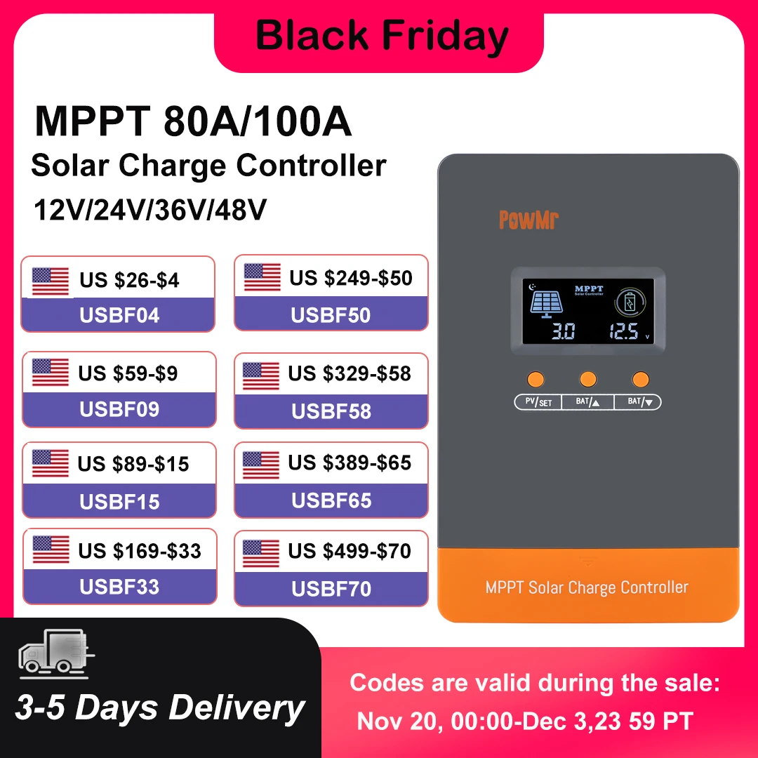 PowMr 80A 100A MPPT Solar Charge Controller 12V/24V/36V/48V Auto Max Solar PV 160V Regulator Supports Up to 12 Units in Parallel
PowMr 80A 100A MPPT Solar Charge Controller 12V/24V/36V/48V Auto Max Solar PV 160V Regulator Supports Up to 12 Units in Parallel
