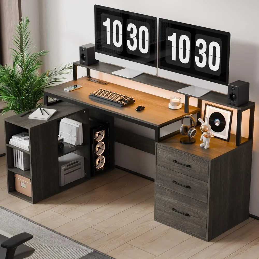 65.7" L Shaped Desk with Drawers, Corner Computer Gaming Desk with Power Outlet & LED Light, Office Desk with File Drawer, Moni
65.7" L Shaped Desk with Drawers, Corner Computer Gaming Desk with Power Outlet & LED Light, Office Desk with File Drawer, Moni