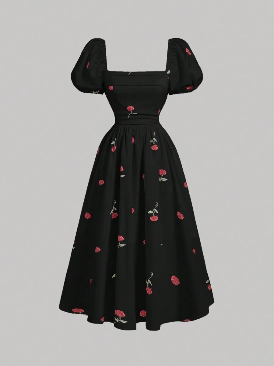 Black Floral Print Square Neck Puffed Sleeve Midi Dress For Women
Black Floral Print Square Neck Puffed Sleeve Midi Dress For Women