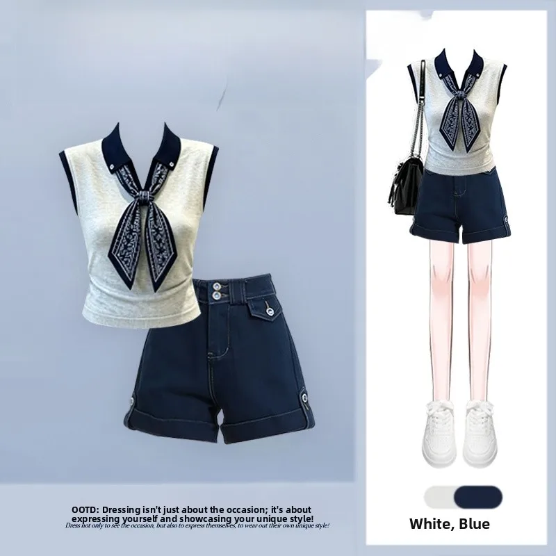 Summer New College Style Knot Sleeveless Top And Slimming Denim Shorts Two Piece Set Women's Fashion Ensemble
Summer New College Style Knot Sleeveless Top And Slimming Denim Shorts Two Piece Set Women's Fashion Ensemble