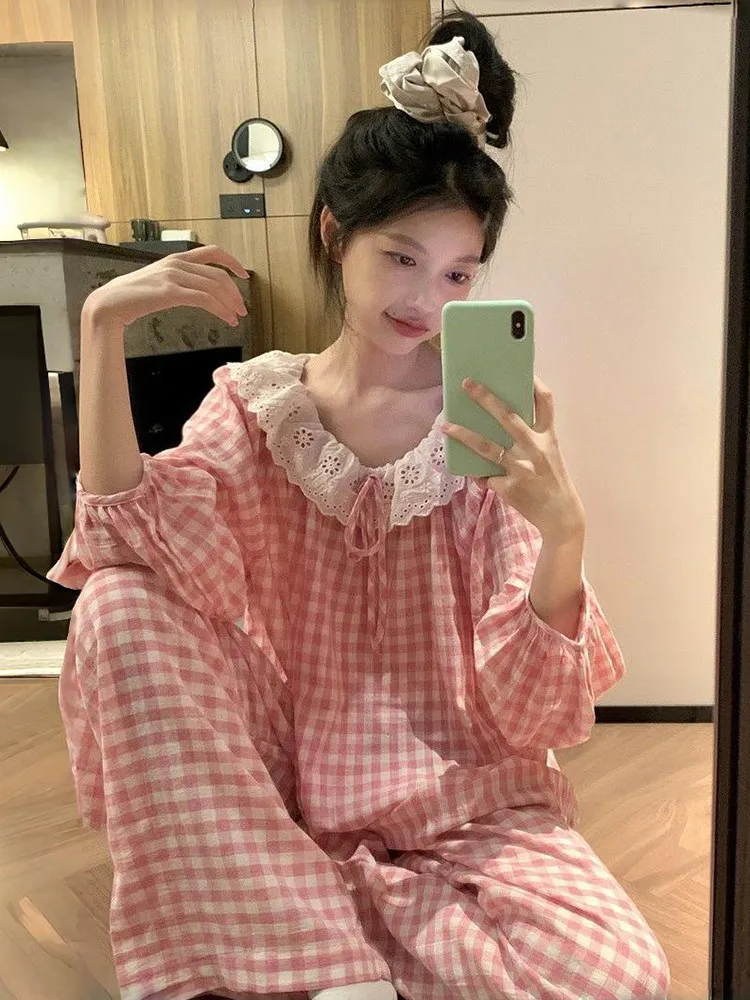 Korean Style Sweet Lace Plaid Women's Sleepwear Long Sleeve Home Clothes Set Princess Style Cute Spring Autumn New Arrival
Korean Style Sweet Lace Plaid Women's Sleepwear Long Sleeve Home Clothes Set Princess Style Cute Spring Autumn New Arrival