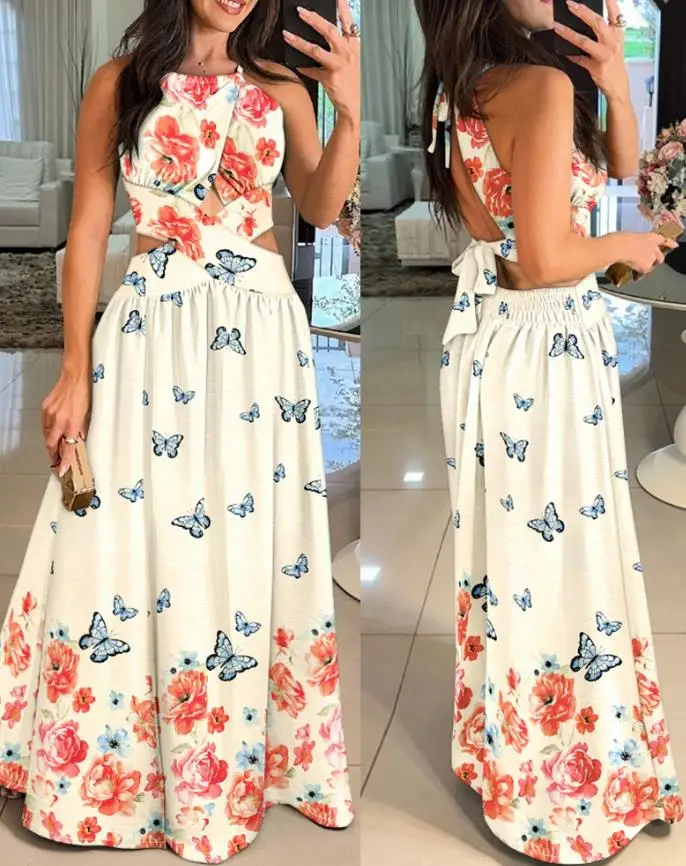Elegant Party Dress Woman Flower Print Off Shoulder Sleeveless Long Dress Casual Waist Hollow Lace Up Dress Elegant A-Line Dress
Elegant Party Dress Woman Flower Print Off Shoulder Sleeveless Long Dress Casual Waist Hollow Lace Up Dress Elegant A-Line Dress