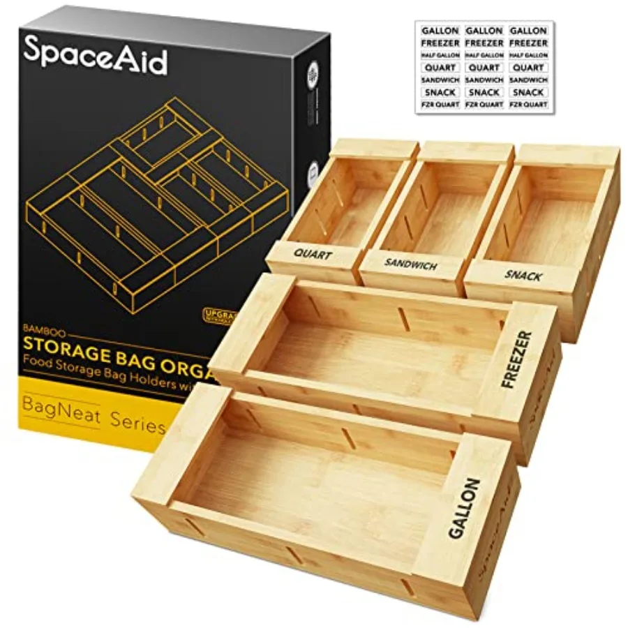 Bag Storage Organizer for Kitchen Drawer, Bamboo Organizer, Compatible with Gallon, Quart, Sandwich and Snack Variety Size Bag
Bag Storage Organizer for Kitchen Drawer, Bamboo Organizer, Compatible with Gallon, Quart, Sandwich and Snack Variety Size Bag